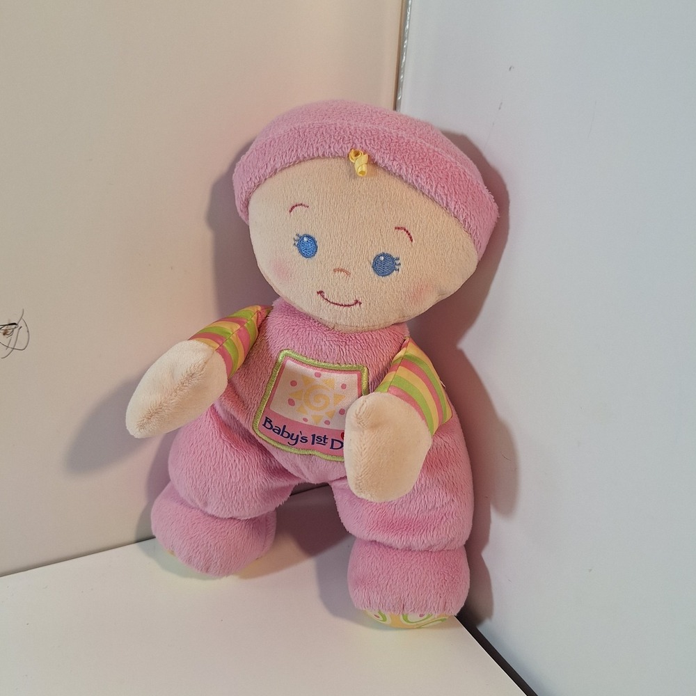 Fisher Price Babys 1st Doll Soft Plush Rattle Pink Hat  Stripes Blue Eyes Blonde